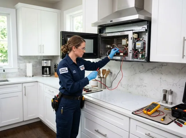 Appliance Repair Hero technician testing an over-the-range microwave in a Brielle, NJ kitchen